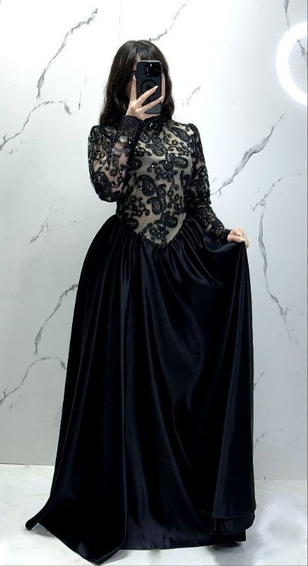 لباس مجلسی زنانه دخترانه مزونی ترمه مشکی دامن ساتنی کد 6447